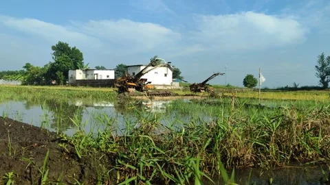 Tractor Plowing in the Middle of a Lush Rice Field Stock Footage 322895115