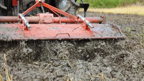 Tractor plowing muddy rice field, mud in the paddy, showing soil texture Stock Footage 328220738