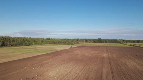 Tractor Plowing an Open Field with Numerous Birds in a Wide Elevated View Stock Footage 348366616