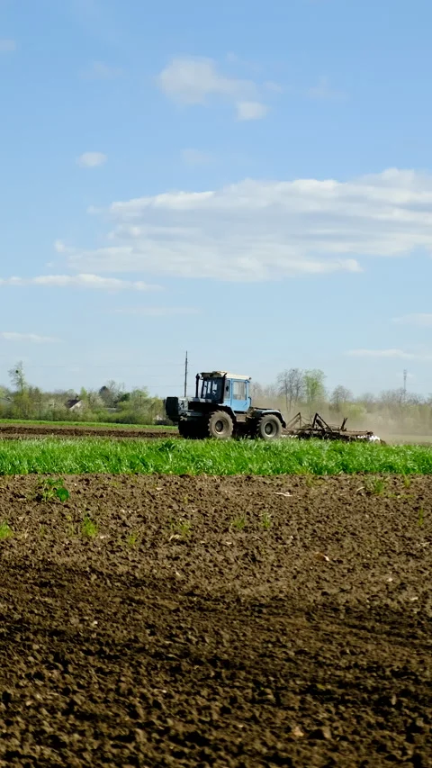 Tractor plowing the soil in the field. Selective focus. Stock Footage 306415471