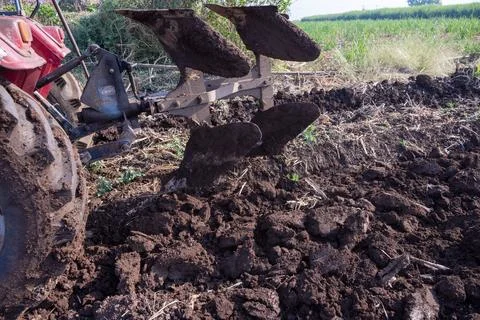 Tractor plows agricultural field. Processing the field with a tractor. The .. Stock Photos