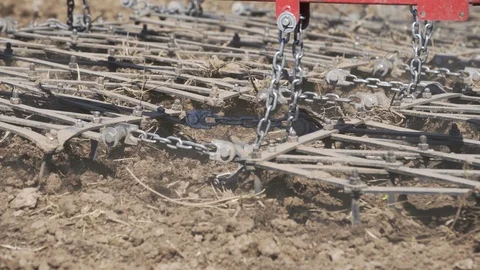 Tractor plows field with plows before sowing. Agricultural machinery on plowing Stock Footage 106247189