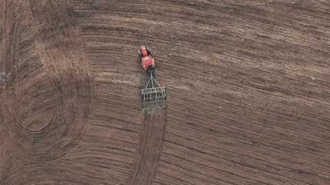 Tractor plows field in the spring. Aerial top view, Wheat seed planting company Video stock 275828337