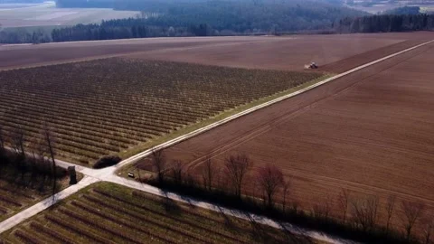 Tractor plows the fields on a hill near the forest Stock Footage 172379178
