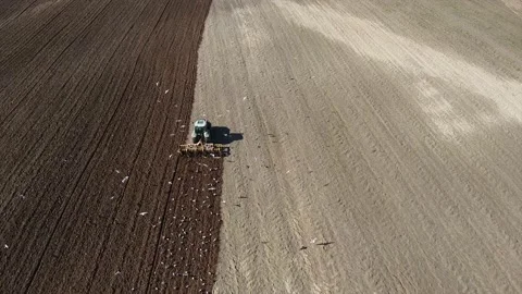 Tractor plows the ground, birds fly around, aerial shot Stock Footage 130275570