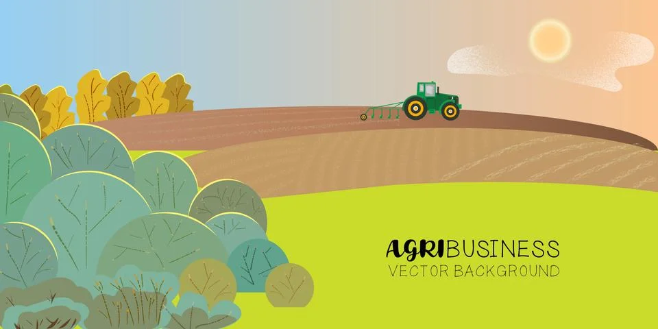 Tractor plows the land in the field Stock Illustration