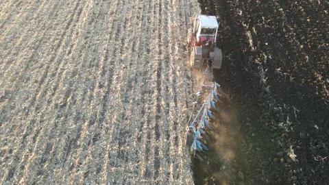 Tractor plows the land with a plow Stock Footage 163126764