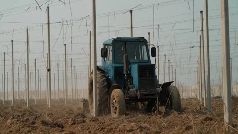 Tractor plows vineyard land Stock Footage 327971924