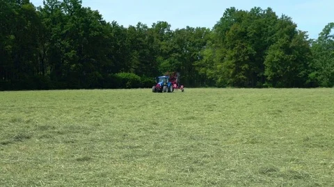 Tractor is preparing hay and on a large grass field Stock Footage 72376303