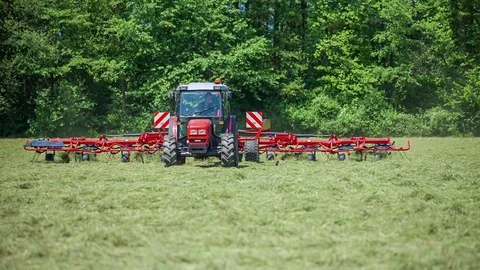 Tractor is preparing hay on a large field Stock Footage 71337469