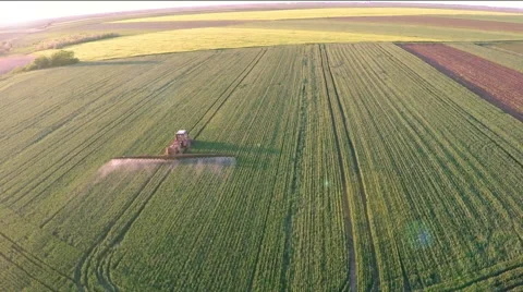 Tractor pulling a sprayer machine in wheat fields. Stock Footage 50286496