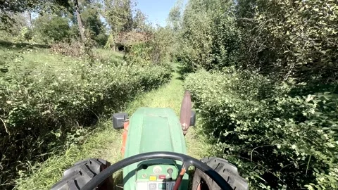 Tractor pulling a timber trailer descending a country road through the green Stock Footage 297194024
