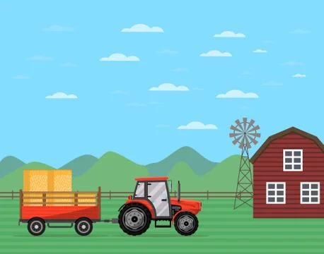 Tractor pulling trailer with hay banner Stock Illustration
