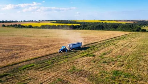 Tractor pulling trailer in sunny rural field. Stock Photos