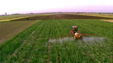 The tractor pulls a machine for spraying onion. Aerial footage. Stock Footage 83553283