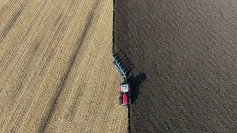 Tractor pulls a plow across a farm field. preparation of the field before sowing Видео 160437382