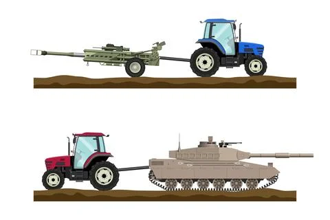 Tractor pulls the tank. Ukrainian farmer is towing a cannon. Isolated 3D imag Stock Illustration