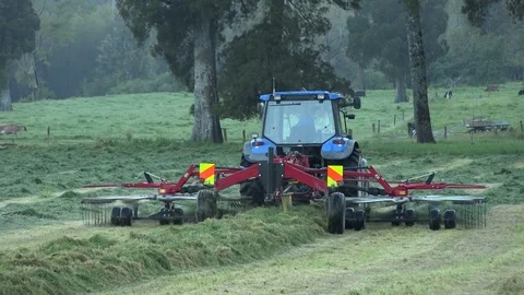 Tractor in rural setting raking up cut grass to be bailed for silage. Stock Footage 72388332
