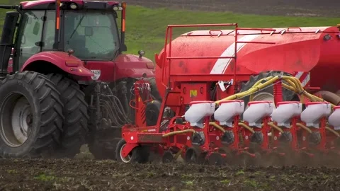 A tractor with a seeder rides through the field in the spring and sows wheat Video stock 239129564