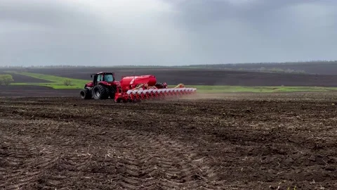 A tractor with a seeder rides through the field and sows wheat in plowed Video stock 239256041