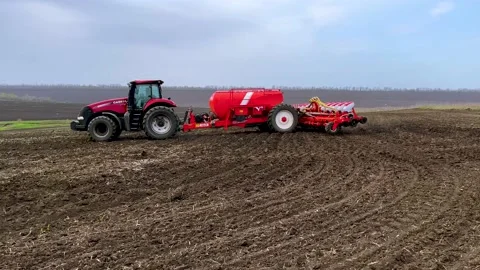 A tractor with a seeder rides through the field and sows wheat in plowed Video stock 239262820