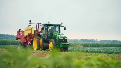 Tractor with seeder rides through green field Video stock 240750480