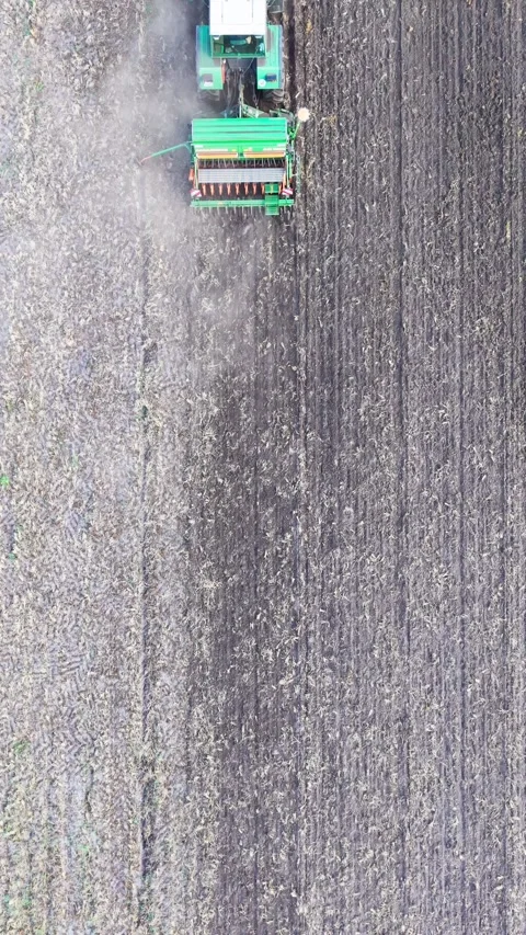 Tractor seeding field top-down vertical aerial Stock Footage 341865727