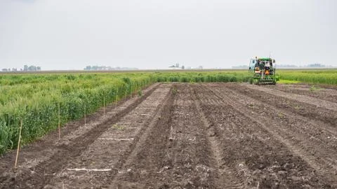 Tractor seeding an open plot of land Stock Photos