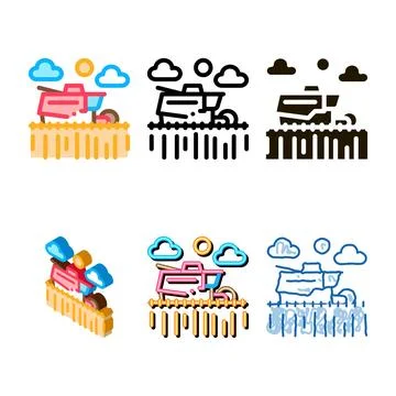 Tractor set in wheat field icon vector outline Stock Illustration