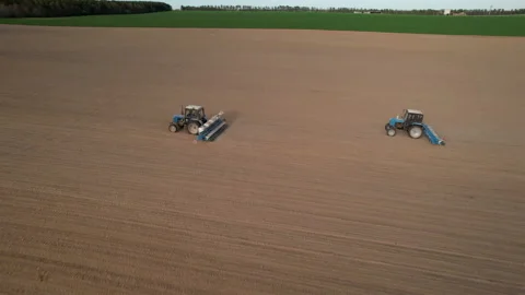 Tractor sowing seed on plowed field. Sowing seeds of corn and sunflower. Stock Footage 193729541