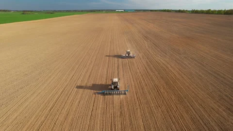 Tractor sowing seed on plowed field. Sowing seeds of corn and sunflower. Video stock 193947208
