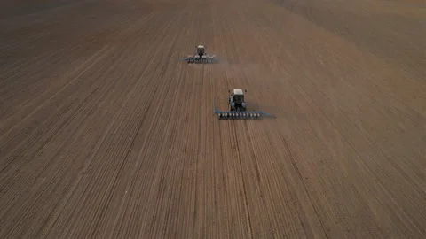 Tractor sowing seed on plowed field. Sowing seeds of corn and sunflower. Stockbeeldmateriaal 193950000