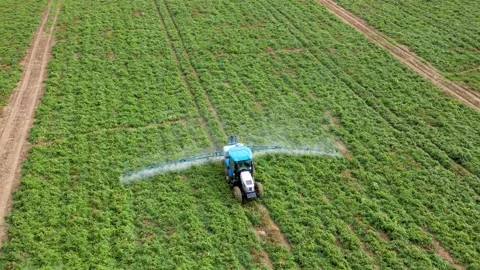 A tractor with a sprayer makes fertilizer in the field. Video stock 225515609