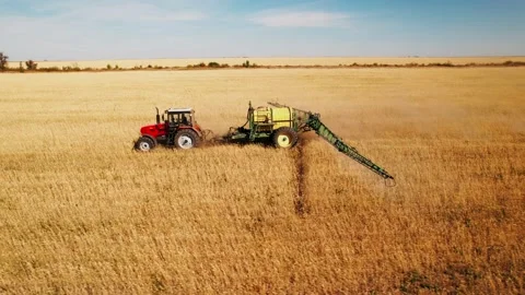 Tractor that spraying a wheat field by against insects, parasites and pests Vidéo 234956360