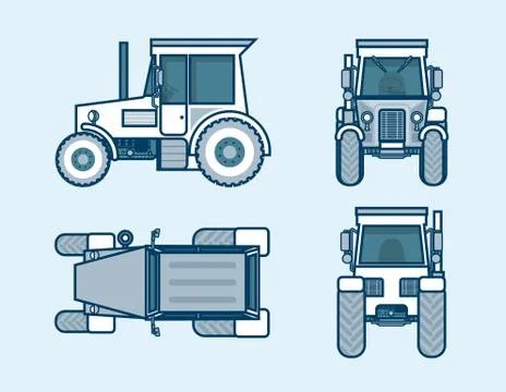 Tractor top, front, side, back view line style Stock Illustration
