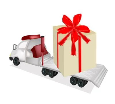 Tractor Trailer Flatbed Loading A Giant Gift Box Stock Illustration
