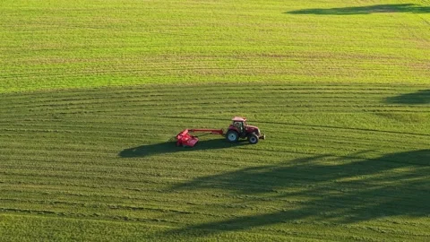 Tractor turning grass on open field preparing silage. Agricultural machine Stock Footage 329770496