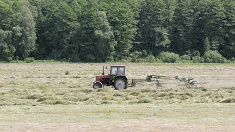 The tractor turns the mechanical hay rake 動画素材 91599220