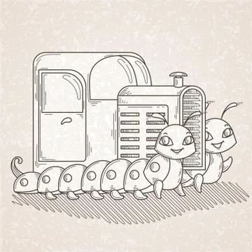 Tractor on the two cheerful and friendly caterpillars. Stock Illustration