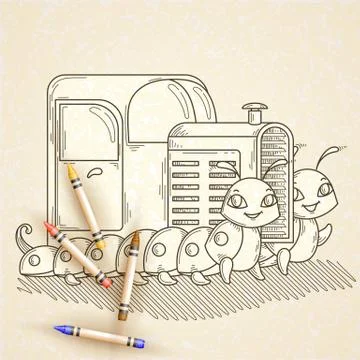 Tractor on the two cheerful and friendly caterpillars. Stock Illustration