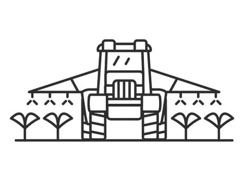 Tractor watering the garden.Outline vector flat illustration. Stock Illustration