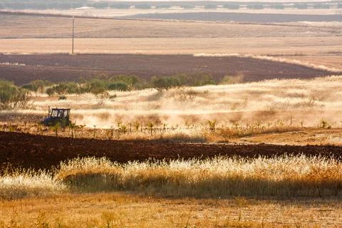 Tractor working in the dry fields of Alhambra under sunset light Stock Photos
