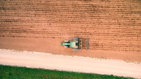 Tractor Working in Farm Fields, Aerial Top Down View Video stock 94001332