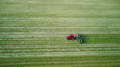 Tractor working in field. Drying, turning hay. Preparing mown grass for Stock Footage 314060220