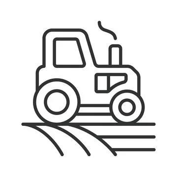 Tractor working in a field, icon in line design. tractor in field, farm tractor Stock Illustration
