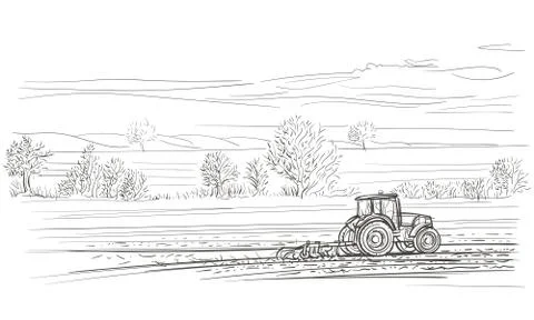 Tractor working in field illustration. Stock Illustration