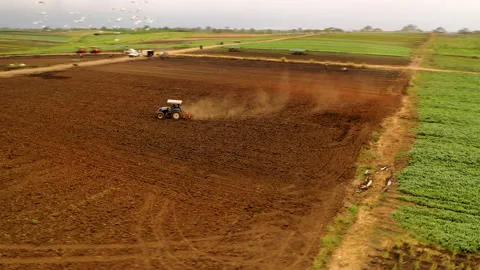 Tractor working in the fields from above Stock Footage 148639583