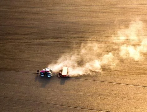 Tractor Working in the Fields, Aerial View Stock Photos