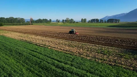 Tractor Working the Fields in Beautiful Agricultural Parcels, Cultivating Stock Footage 274700539