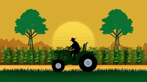 Tractor working in a green field, man farmer rides a tractor across the field Stock Illustration